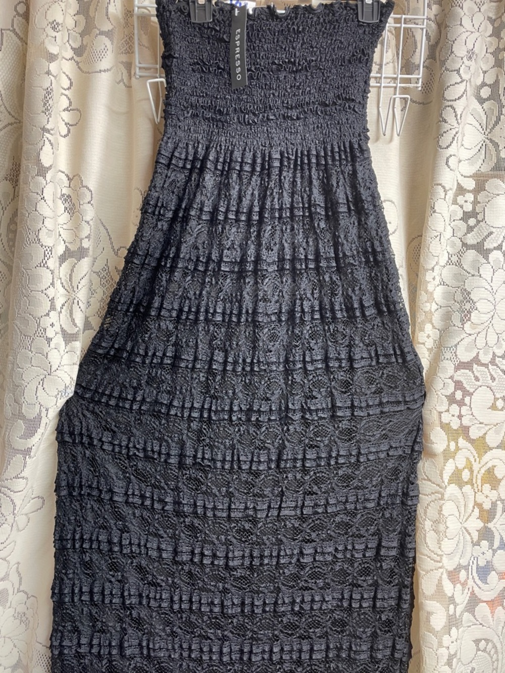 Espresso Black Strapless Textured Lace Maxi Dress